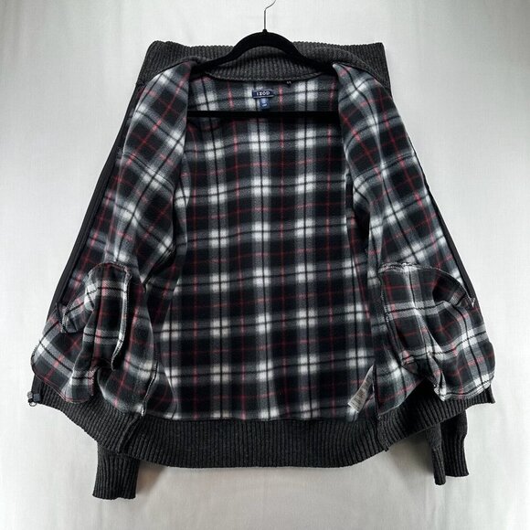 Izod Sweater Men Sz L Full Zip Fleece Plaid Lined Mock Neck Long Sleeve Charcoal - Picture 3 of 12